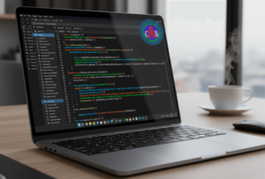 Professional workspace for software development in The Gambia featuring a high-end laptop