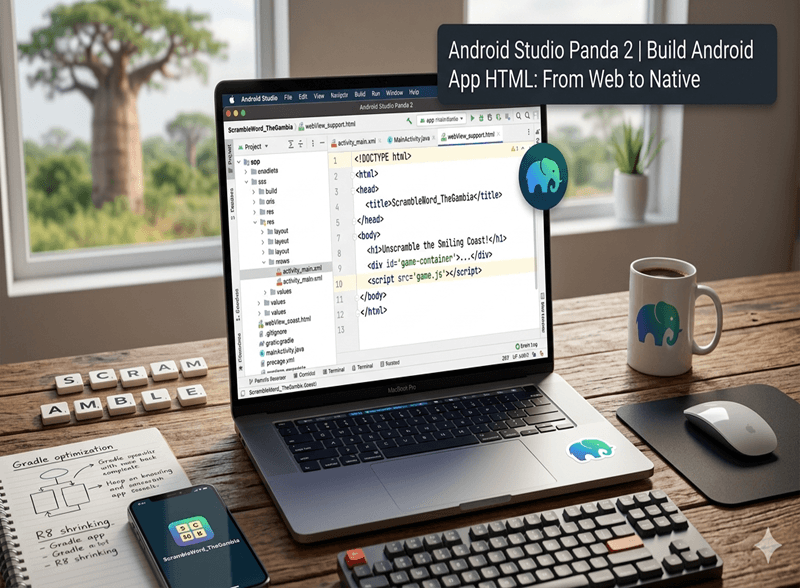 A close-up of a MacBook displaying HTML and JavaScript code inside Android Studio Panda 2, illustrating how to build a native Android app from web code with Anyablinc elephant branding